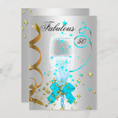 50ティール(緑がかった色)シルバー金ゴールド誕生日パーティー 招待状 (正面/裏面)