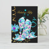 50ティール(緑がかった色)パープルフローラブラック金ゴールド誕生日パーティー 招待状 (スタンド正面)