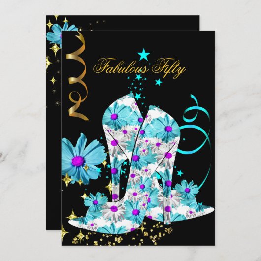 50ティール(緑がかった色)パープルフローラブラック金ゴールド誕生日パーティー 招待状 (正面/裏面)