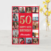 50ハッピーバースデー赤と金ゴールドの写真コラージュ カード (黄色い花)