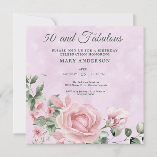 50バラフローラ誕生日の招待 招待状 (正面)