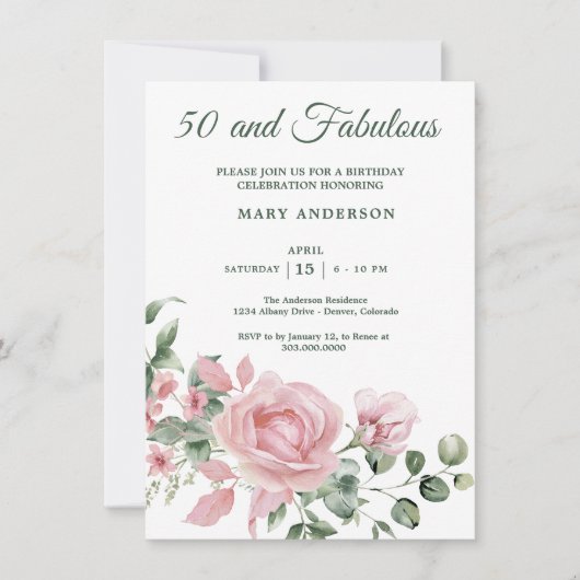 50バラフローラ誕生日の招待 招待状 (正面)