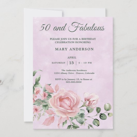 50バラフローラ誕生日の招待 招待状 (正面)