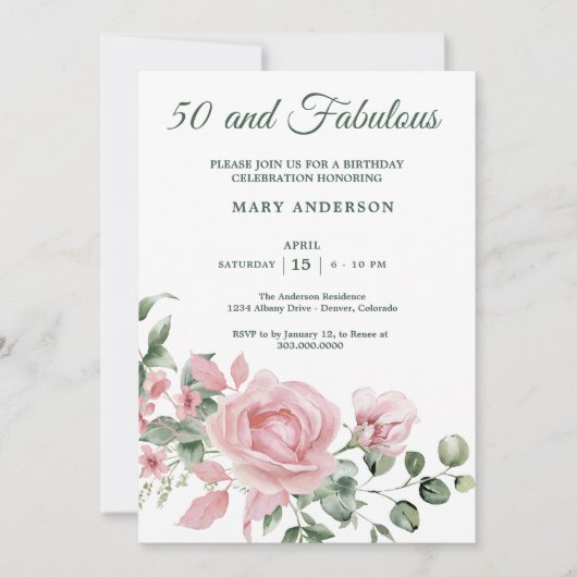 50バラフローラ誕生日の招待 招待状 (正面)