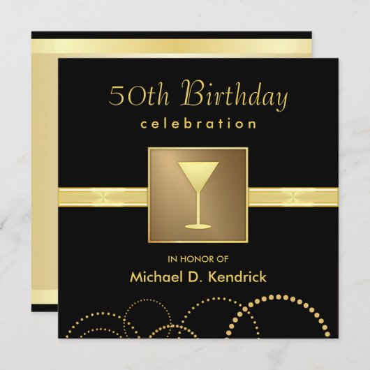 50バースデーパーティ招待状フォーマル黒金ゴールド 招待状 (正面/裏面)
