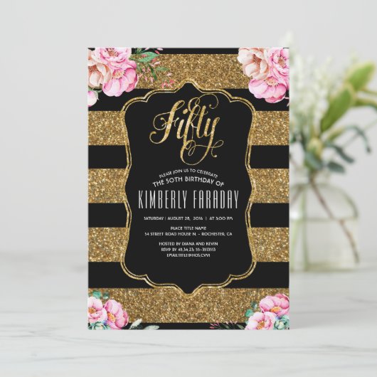 50バースデーパーティ招待状-フローラ金ゴールドのエラー 招待状 (スタンド正面)