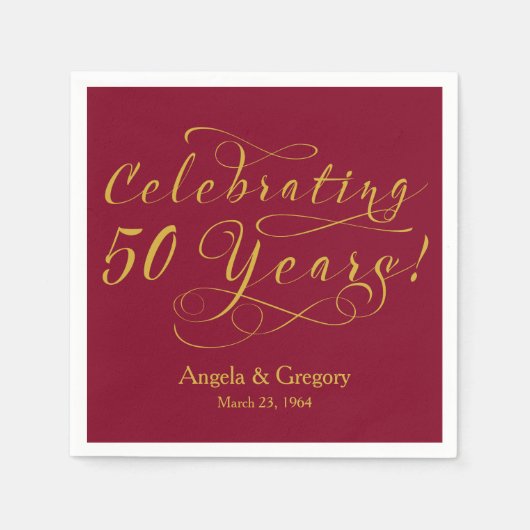 50パーソナライズされた周年結婚金ゴールドワイン スタンダードカクテルナプキン (正面)