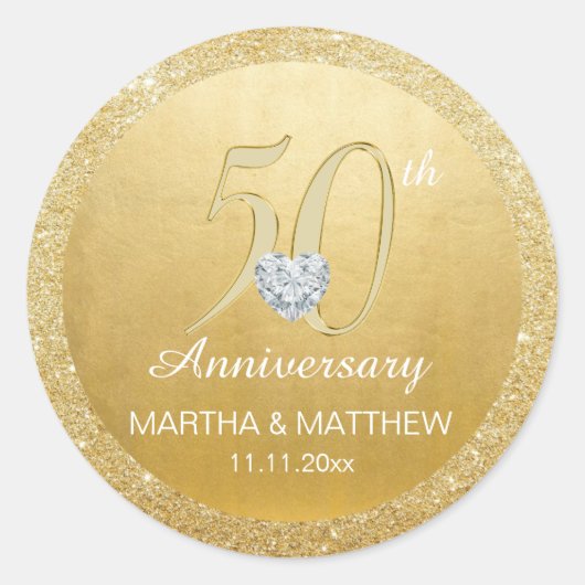 50パーソナライズされた周年記念結婚金ゴールドグリッター ラウンドシール (正面)