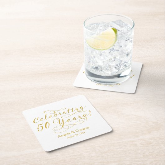 50パーソナライズされた周年記念結婚金ゴールドホワイト スクエアペーパーコースター (インサイチュ)