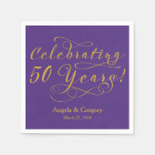 50パーソナライズされた周年記念結婚金ゴールド紫 スタンダードカクテルナプキン (正面)