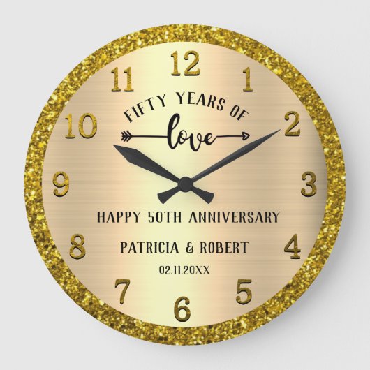 50パーソナライズされた年金ゴールド結婚グリッター ラージ壁時計 (正面)