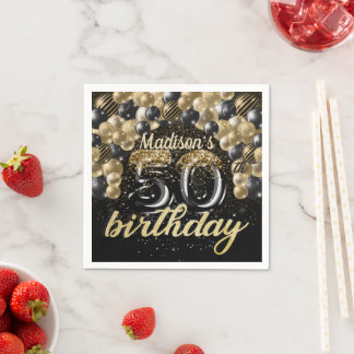 50パーソナライズされた誕生日ブラック金ゴールドバルーン スタンダードカクテルナプキン