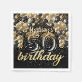50パーソナライズされた誕生日ブラック金ゴールドバルーン スタンダードカクテルナプキン (正面)
