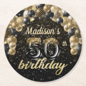 50パーソナライズされた誕生日ブラック金ゴールドラウンド ラウンドペーパーコースター (正面)