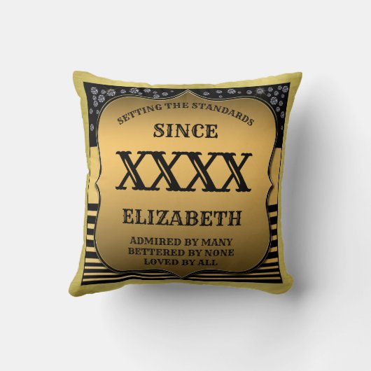 50パーソナライズされた誕生日年ブラック金ゴールドレトロ クッション (裏面)