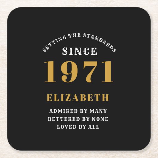 50パーソナライズされた誕生日1971年黒番金ゴールド スクエアペーパーコースター (正面)