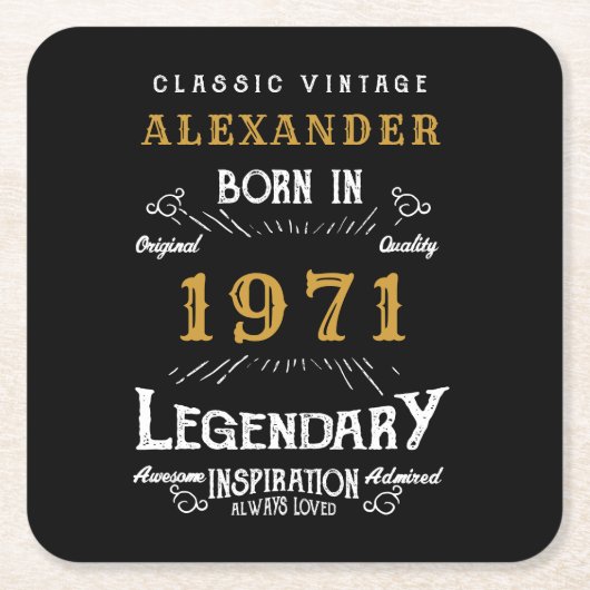50パーソナライズされた誕生日1971生まれヴィンテージ黒 スクエアペーパーコースター (正面)