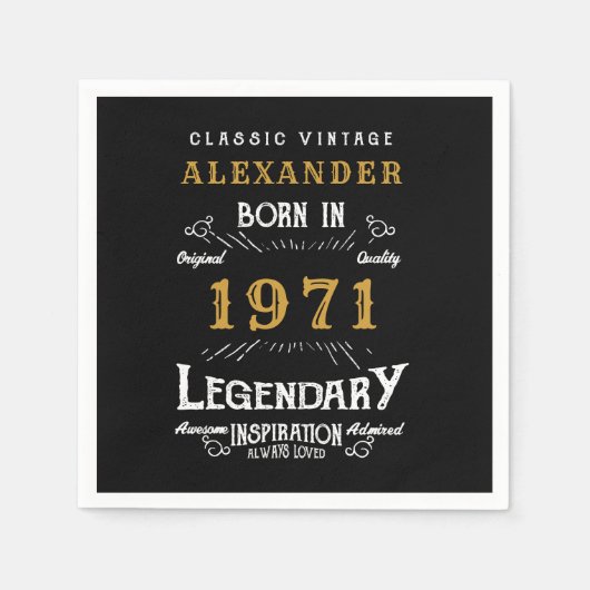 50パーソナライズされた誕生日1971生まれヴィンテージ黒 スタンダードカクテルナプキン (正面)