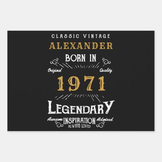 50パーソナライズされた誕生日1971生まれヴィンテージ黒 ラッピングペーパーシート (正面3)