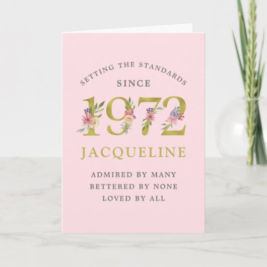 50パーソナライズされた誕生日1972ピンク金ゴールドフローラ カード (正面)