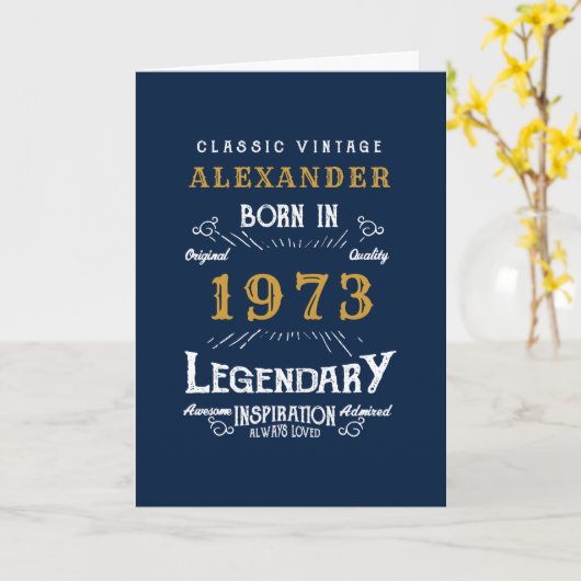 50パーソナライズされた誕生日1973生まれヴィンテージ青 カード (黄色い花)