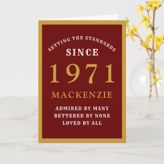 50パーソナライズされたth誕生日1971赤金ゴールドシック カード (黄色い花)