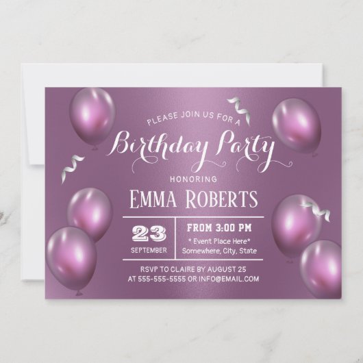 50パープルモダンガール写真50誕生日 招待状 (裏面)