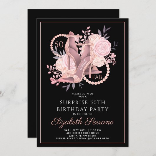 50ファブバラ金ゴールドグリッター踊りシューズ誕生日 招待状 (正面/裏面)