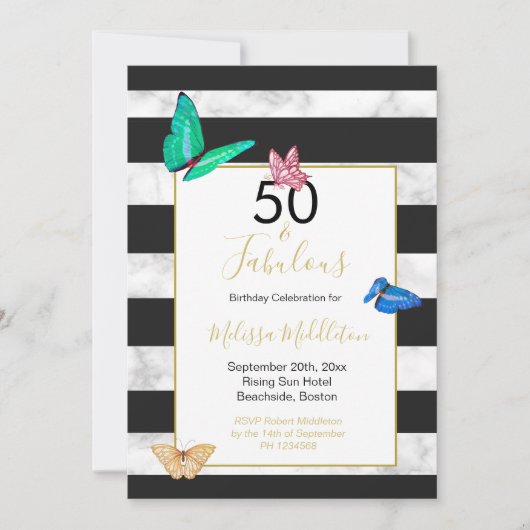 50ファブラス白黒ストライプマーブルバタフライ 招待状 (正面)