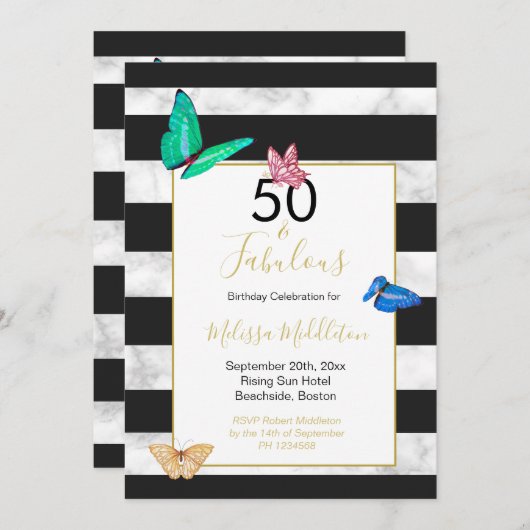 50ファブラス白黒ストライプマーブルバタフライ 招待状 (正面/裏面)