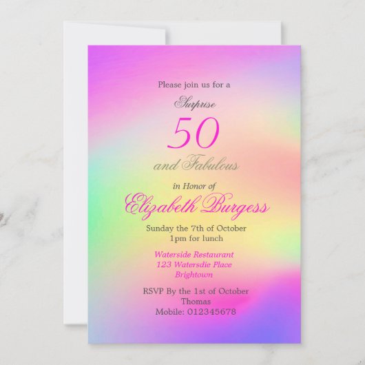 50ファブルレインボー絞り染めピンクシック誕生日 招待状 (正面)