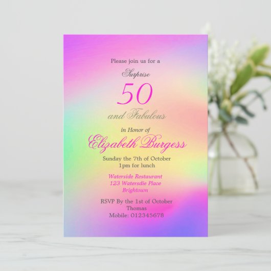 50ファブルレインボー絞り染めピンクシック誕生日 招待状 (スタンド正面)