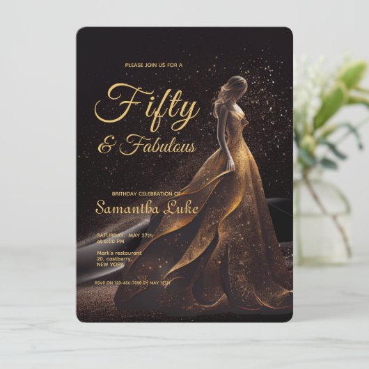 50ファブルースブラック金ゴールドグリッター誕生日 招待状 (スタンド正面)