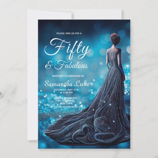 50ファブルースブルーシルバーグリッタードレス誕生日 招待状 (正面)