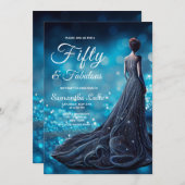 50ファブルースブルーシルバーグリッタードレス誕生日 招待状 (正面/裏面)