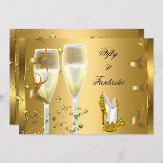 50ファンタスティックエレガントシャンパンヒール金ゴールド 招待状 (正面/裏面)