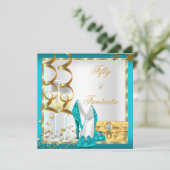 50ファンタスティックティール（緑がかった色）ホワイト金ゴールド誕生日パーティー 招待状 (スタンド正面)