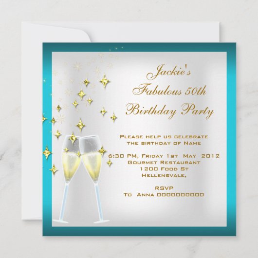 50ファンタスティックティール（緑がかった色）ホワイト金ゴールド誕生日パーティー 招待状 (裏面)