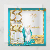50ファンタスティックティール（緑がかった色）ホワイト金ゴールド誕生日パーティー 招待状 (正面)