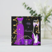 50ファンタスティックパープルドレスブラック金ゴールド誕生日 招待状 (スタンド正面)