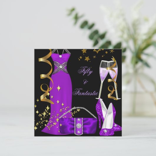 50ファンタスティックパープルドレスブラック金ゴールド誕生日 招待状 (スタンド正面)