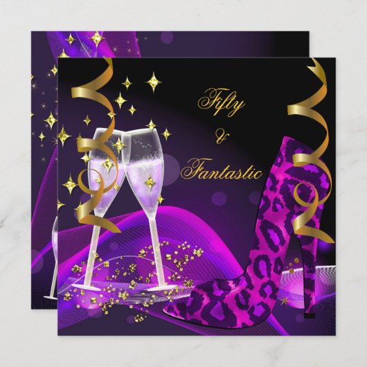 50ファンタスティックパープル金ゴールドヒョウ靴 招待状 (正面/裏面)