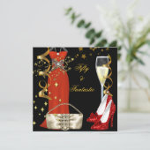 50ファンタスティックレッドドレスブラック金ゴールド誕生日パーティー 招待状 (スタンド正面)