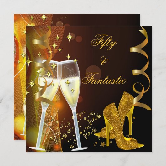 50ファンタスティック素晴らしい金ゴールドシャンパンシューズ 招待状 (正面/裏面)