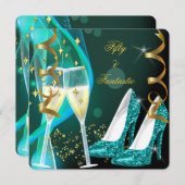 50ファンタスティック素晴らしい金ゴールドティール（緑がかった色）ハイヒール 招待状 (正面/裏面)
