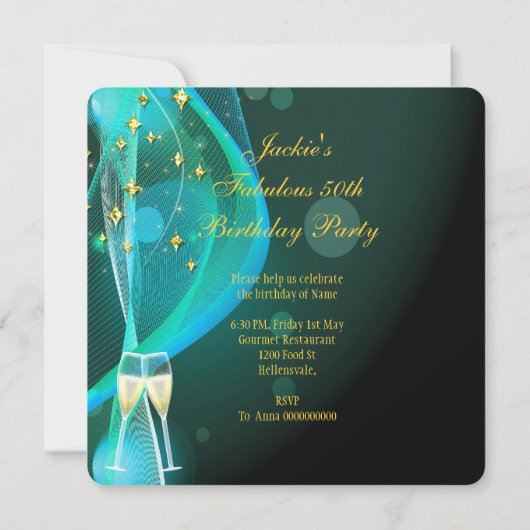 50ファンタスティック素晴らしい金ゴールドティール（緑がかった色）ハイヒール 招待状 (裏面)