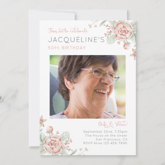 50フェミニン番目の誕生日フォト招待状 招待状 (正面)