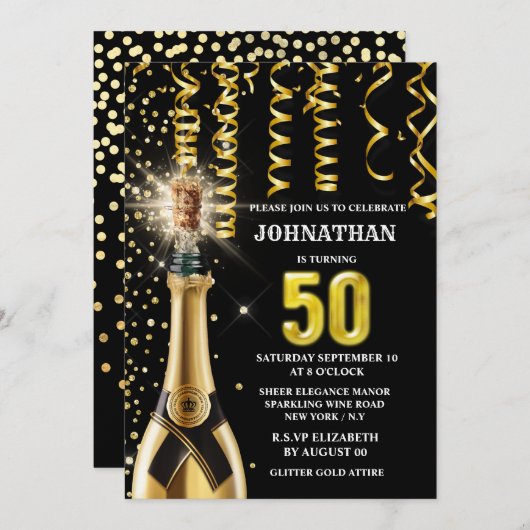50マイルストーンのワきらめくイン金ゴールドブラックグリッター  招待状 (正面/裏面)