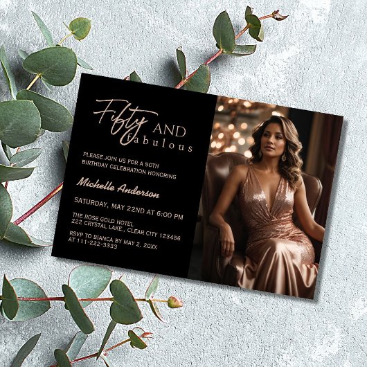 50モダンと素晴らしいフォトバラ金ゴールド50誕生日 招待状