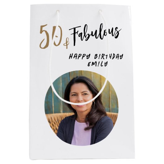 50モダンと素晴らしい写真50誕生日 ミディアムペーパーバッグ (正面)